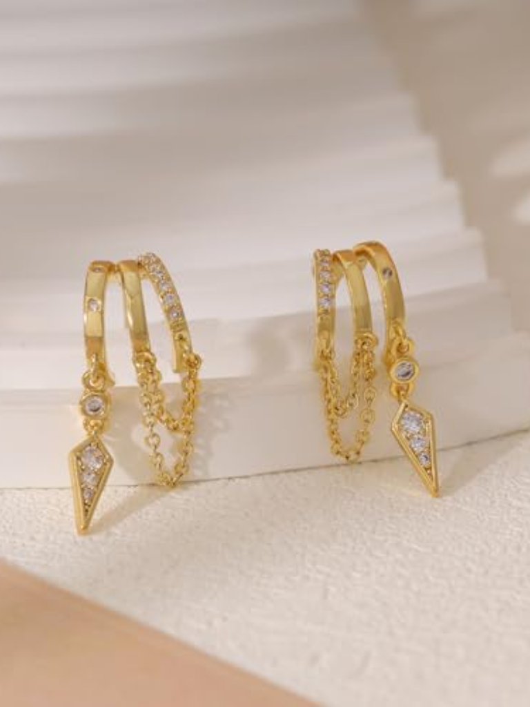 Dangle Ears For Women 14k Gold Plated Triple Hie Stud Ears Cute Statement Chain